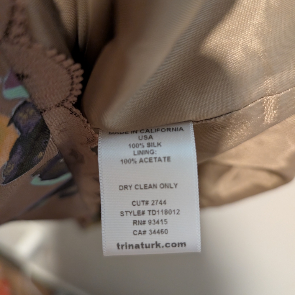 Trina Turk Silk Taupe One-Shoulder Floral Bow Dress Size 8 - Picture 5 of 8